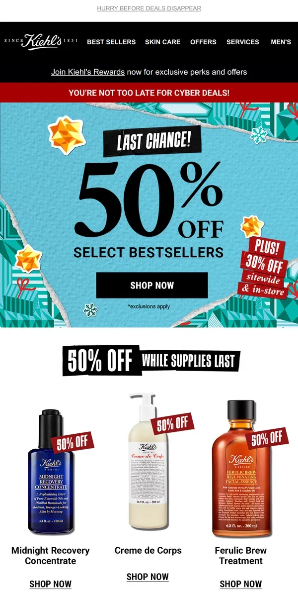 Email from Kiehl's. ENDS TONIGHT 🏃 BIGGEST 50% Off Selection + 30% OFF Sitewide!