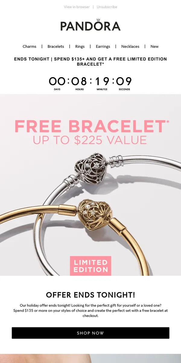 Email from Pandora Jewelry. FINAL HOURS to receive a free bracelet!