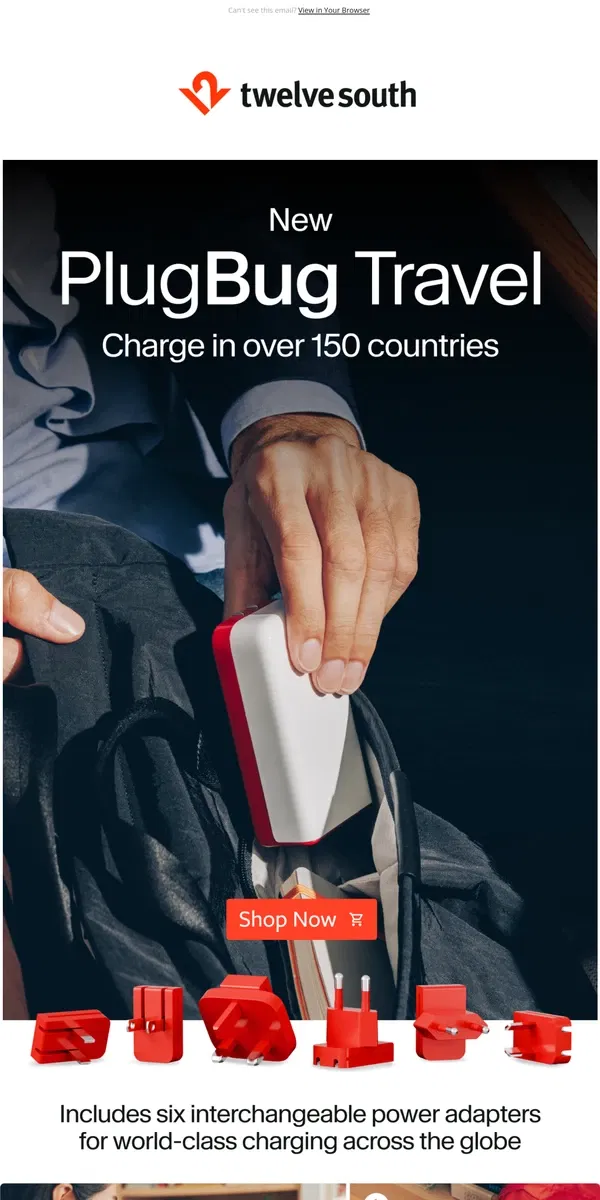 Email from Twelve South. Charge anywhere with PlugBug Travel 🌎