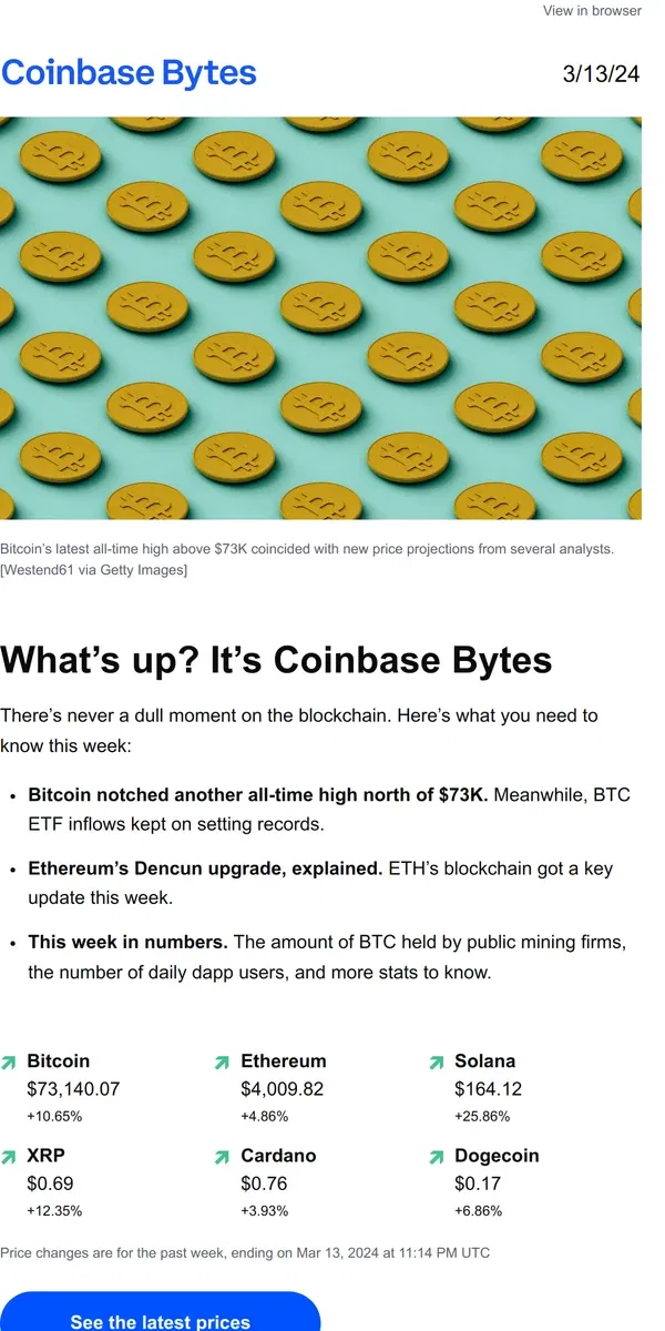 Email from Coinbase. Bitcoin’s latest all-time high