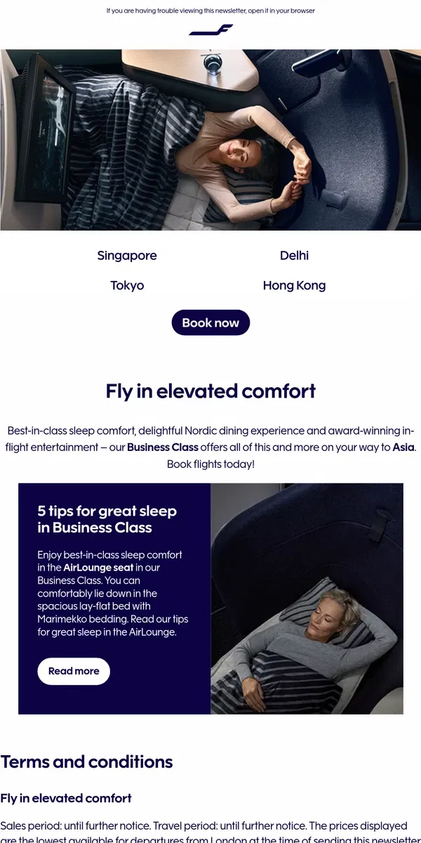 Email from Finnair. Choose Business Class for supreme comfort