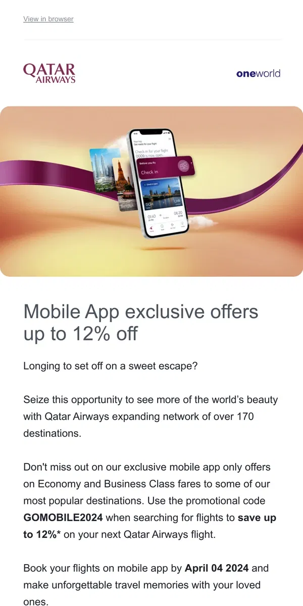 Email from Qatar Airways. Mobile App exclusive offers up to 12% off