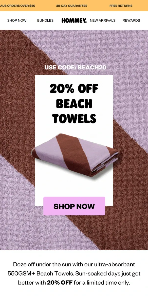 Email from Hommey. 20% OFF Beach Towels ☀️