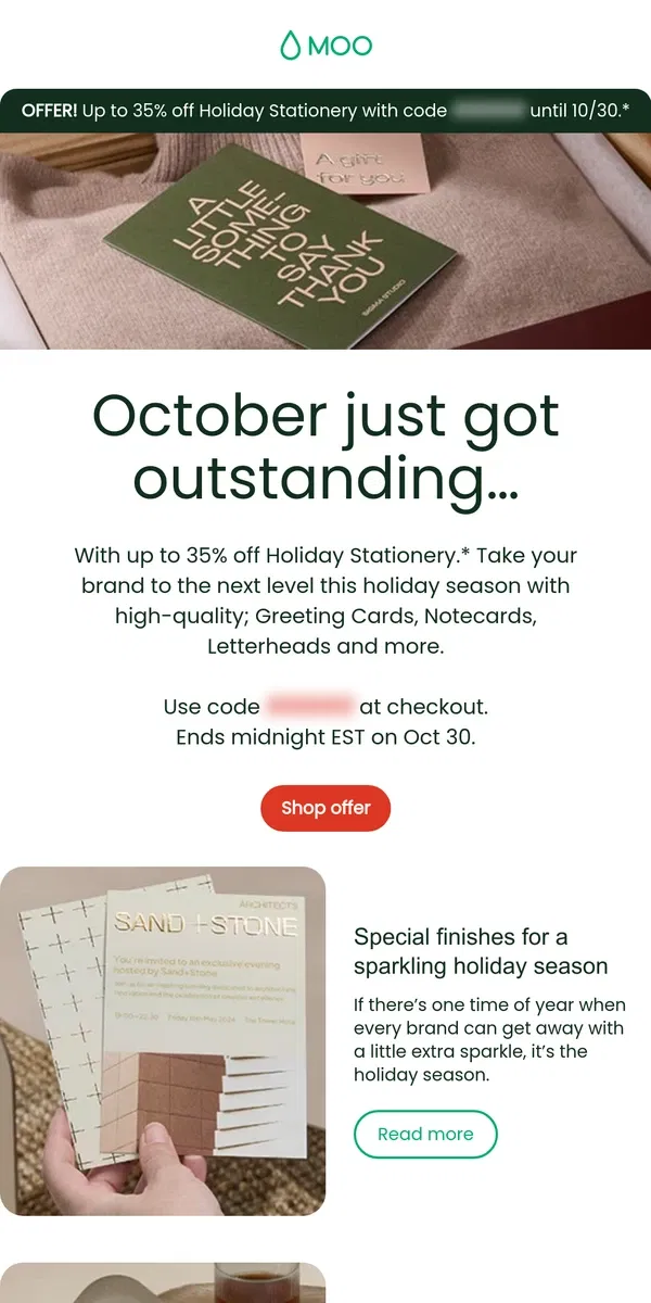 Email from MOO. Up to 35% off Holiday Stationery that sleighs 🛷✨