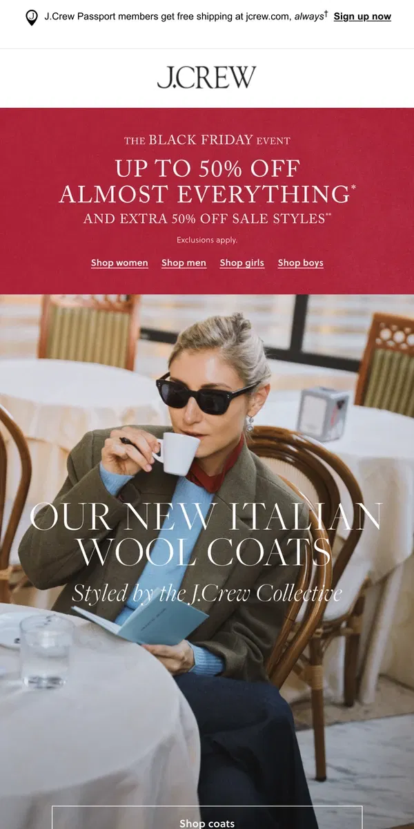 Email from J.Crew. Polished topcoats, now up to 50% off