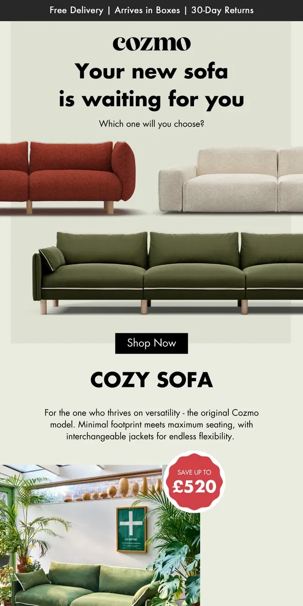 Email from Cozmo Home. Your new sofa is waiting for you