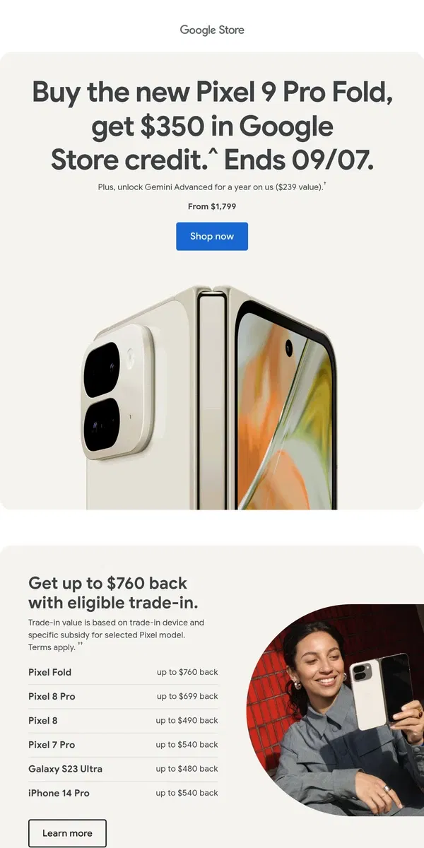 Email from Google Store. Pixel 9 Pro Fold special offers end soon