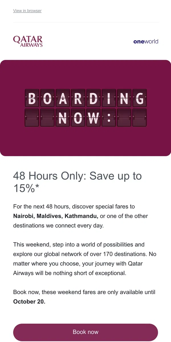 Email from Qatar Airways. 48 Hours Only: Save up to 15%