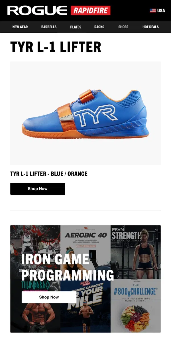 Email from Rogue Fitness. Just Launched: TYR L-1 Lifter