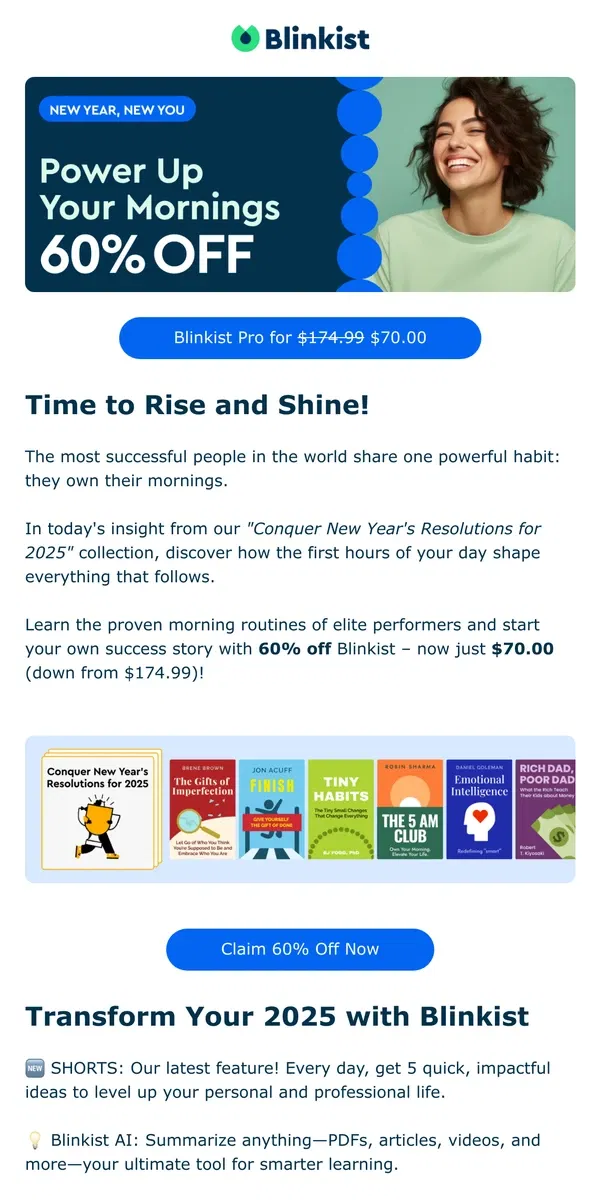 Email from Blinkist. ⏰ 60% Off Blinkist: Join the 5 AM Club