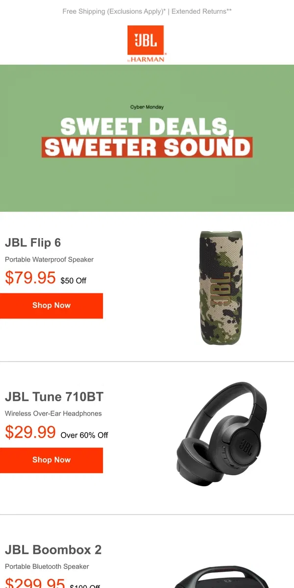 Email from JBL. Cyber Monday STARTS NOW! Deals Up To 60% off