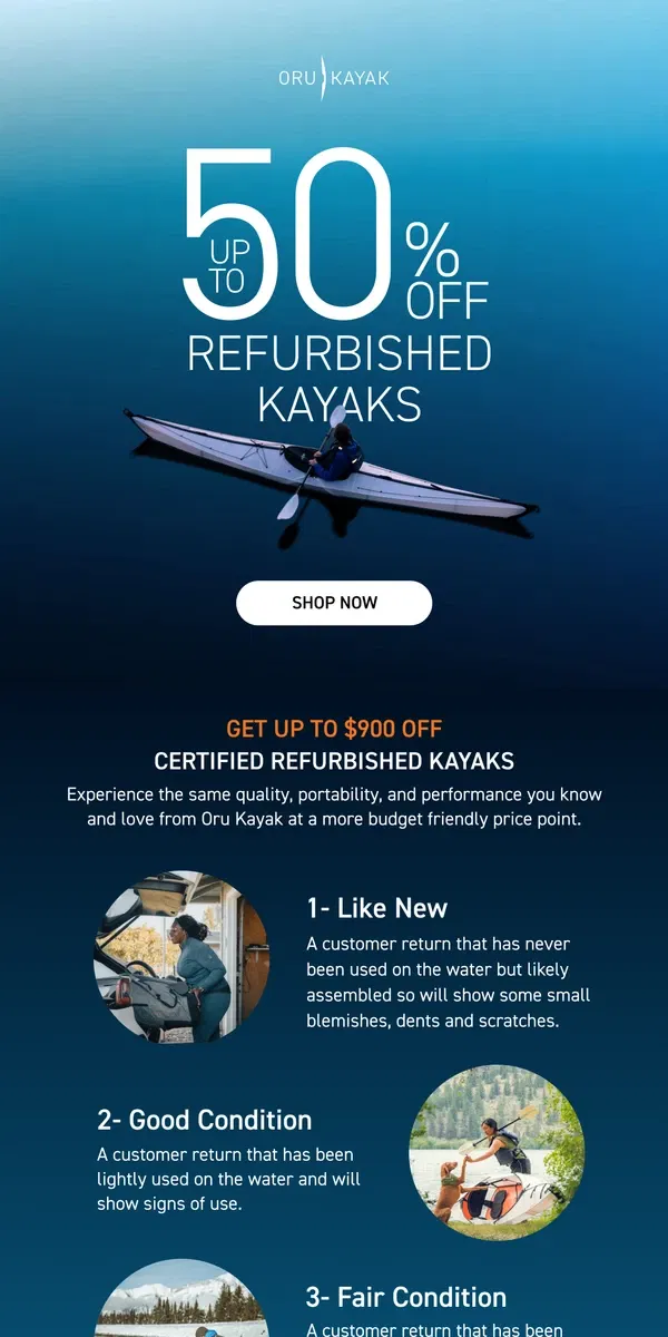 Email from Oru Kayak. Annual Certified Refurbished Sale is ON 🔥