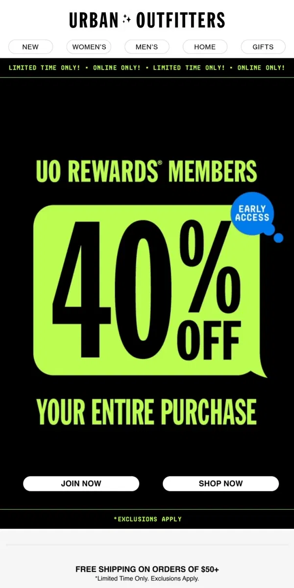 Email from Urban Outfitters. EARLY ACCESS: 40% Off with UO Rewards