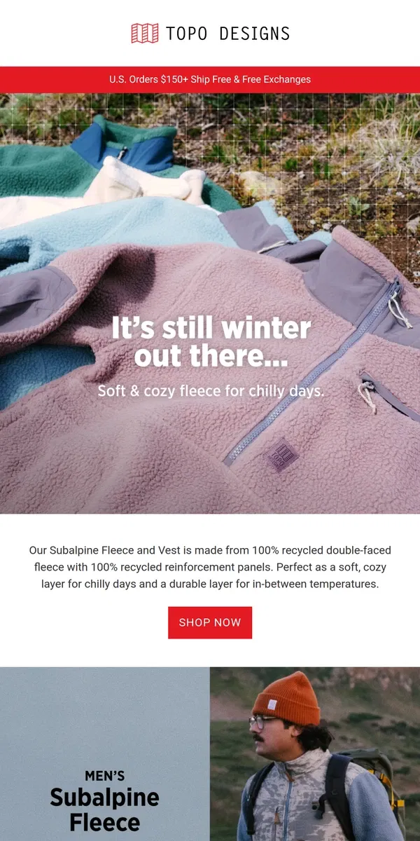 Email from Topo Designs. A soft, cozy layer for chilly days.