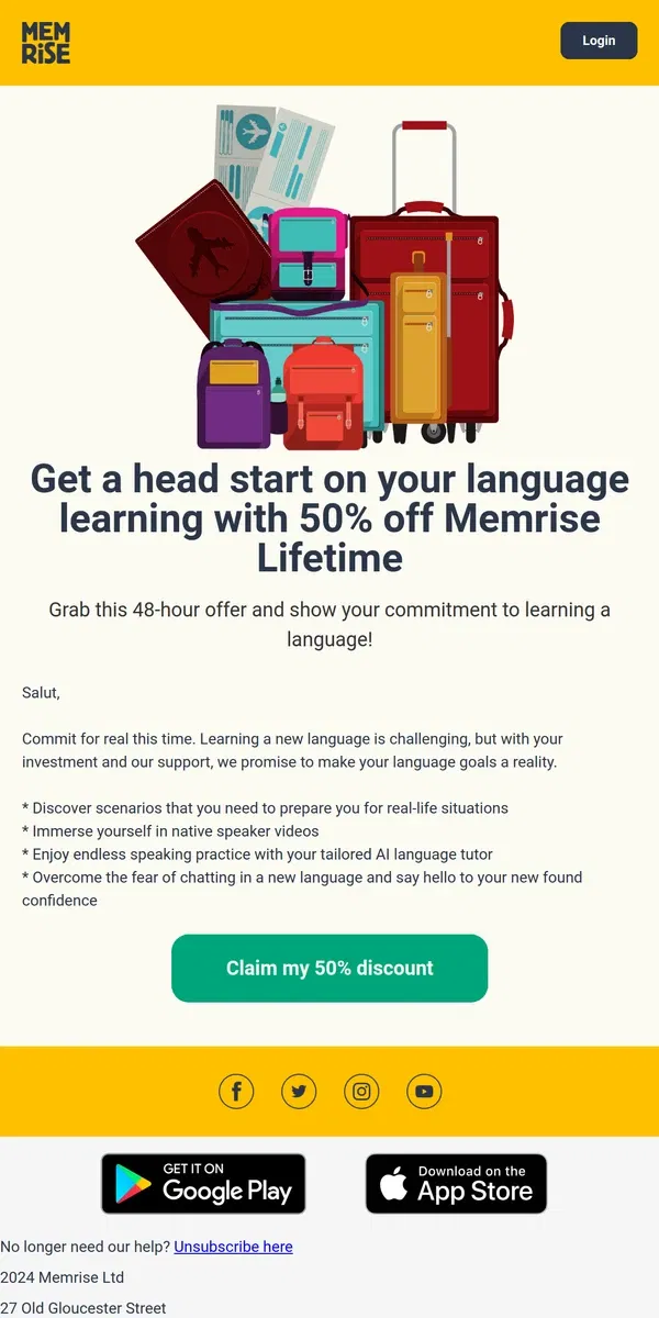 Email from Memrise. Commit to learning a language - 50% off Memrise Lifetime (48 hours only)