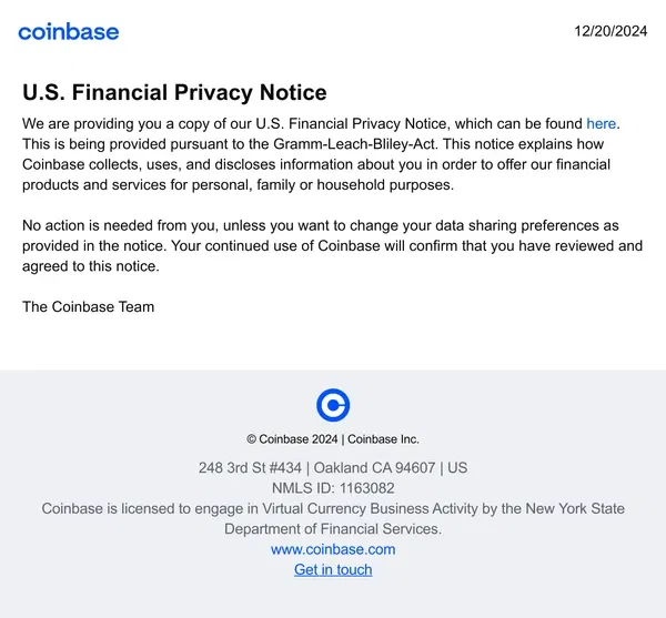 Email from Coinbase. U.S. Financial Privacy Notice