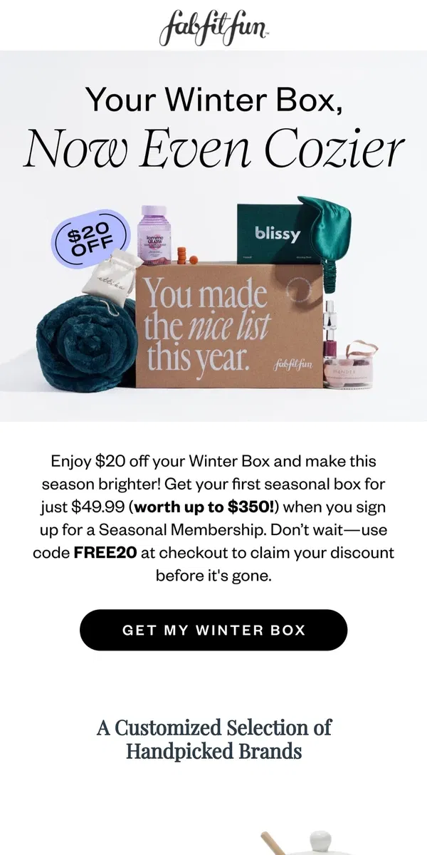 Email from FabFitFun. Your Winter Box Awaits—Grab It for Just $49.99