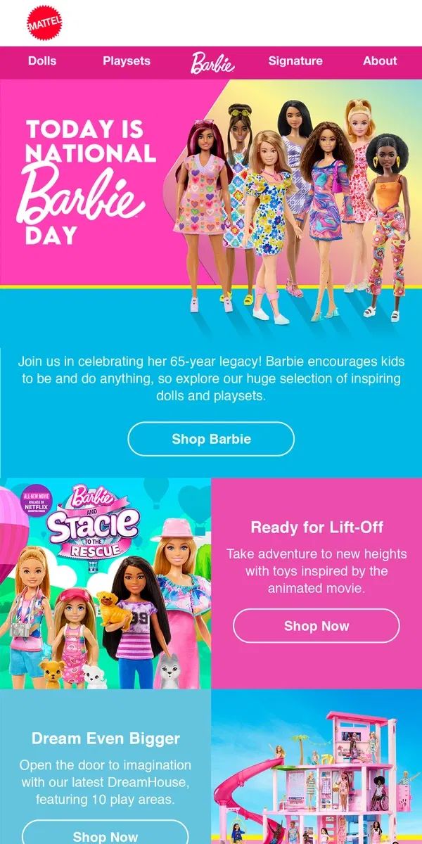 Email from Mattel Store. Think Pink! It’s National Barbie Day.