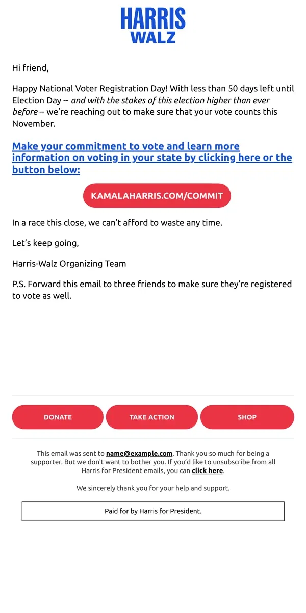 Email from Kamala Harris. It’s National Voter Registration Day 🎉