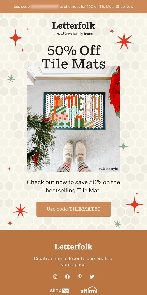 Email from Letterfolk. 50% OFF TILE MATS GOING FAST 💨