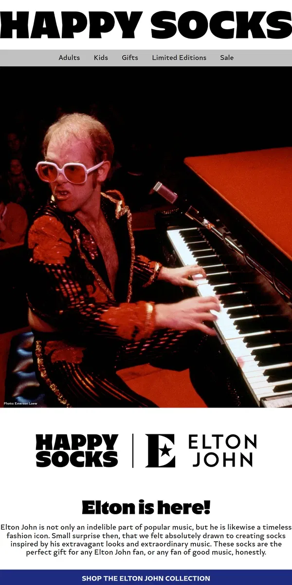 Email from Happy Socks. Limited Edition: Elton John Socks