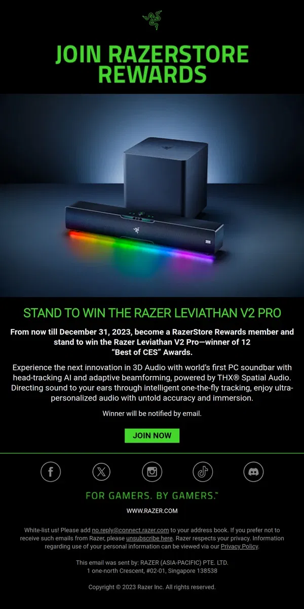 Email from Razer. Stand to Win the Razer Leviathan V2 Pro