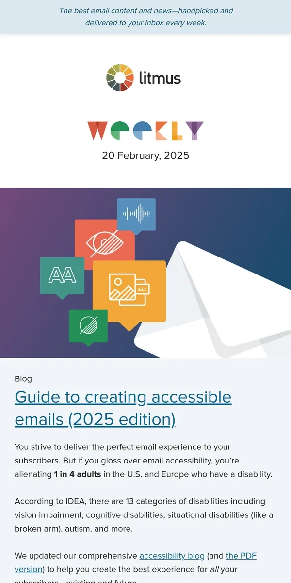 Email from Litmus. Your 2025 guide to accessible emails, real email critiques, and more