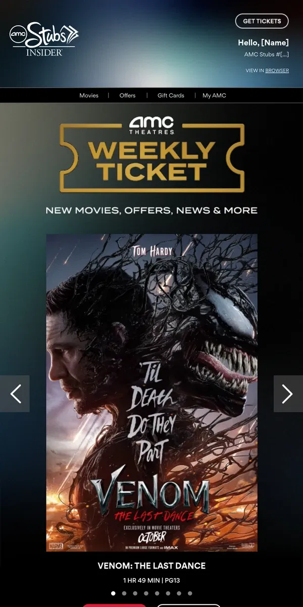 Email from AMC Theatres. [Name], Your Weekly Ticket Is Here