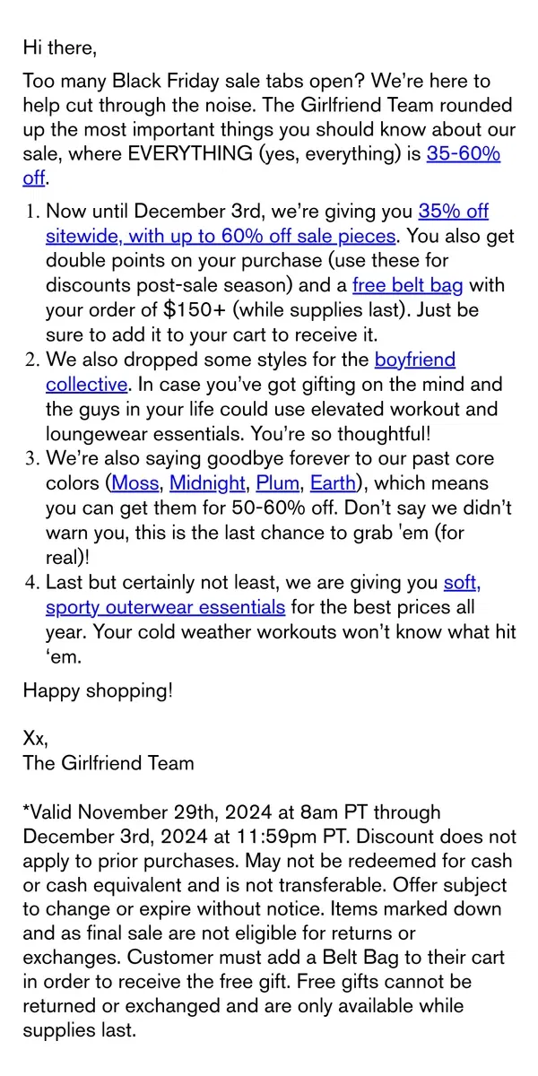 Email from Girlfriend Collective. Black Friday Sale Highlights