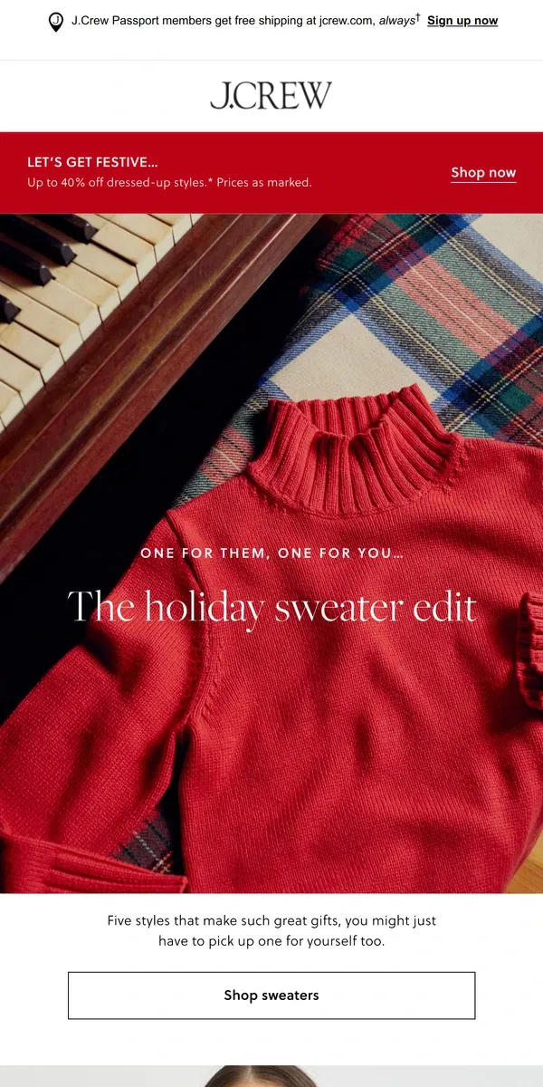 Email from J.Crew. One for them, one for you: gift-worthy sweaters