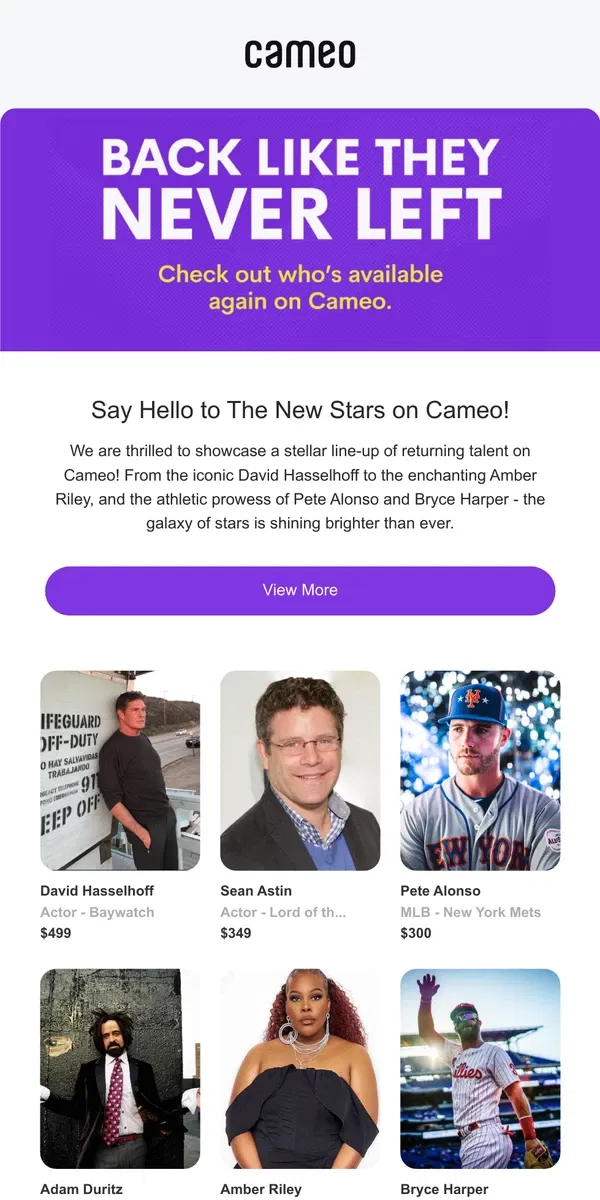 Email from Cameo. Some of your favorite Cameo legends are back just in time for the holidays