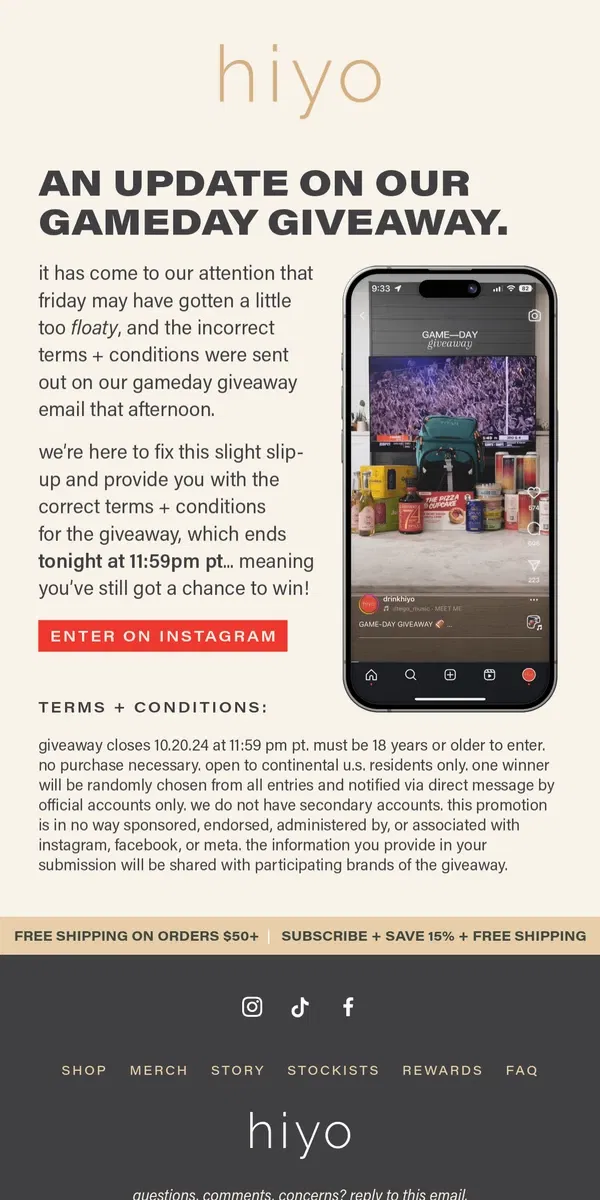 Email from hiyo. GAMEDAY GIVEAWAY: AN UPDATE 🏈