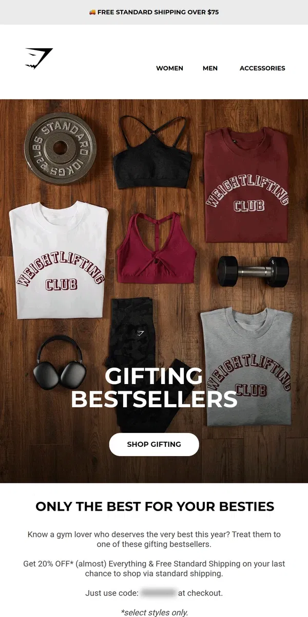 Email from Gymshark. Check out these gifting bestsellers 🏆🎁