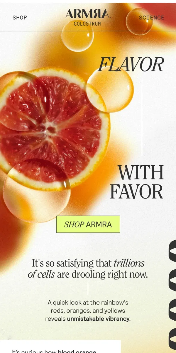 Email from ARMRA Colostrum. Happy Hour: Blood Orange Elixir