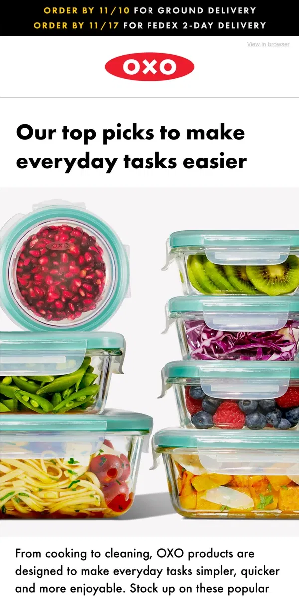 Email from OXO. Essentials to help you get through the holidays