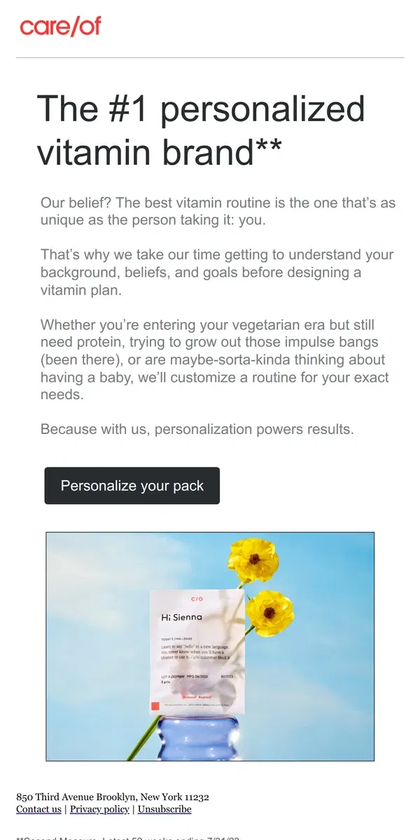 Email from Care/of. The #1 personalized vitamin brand