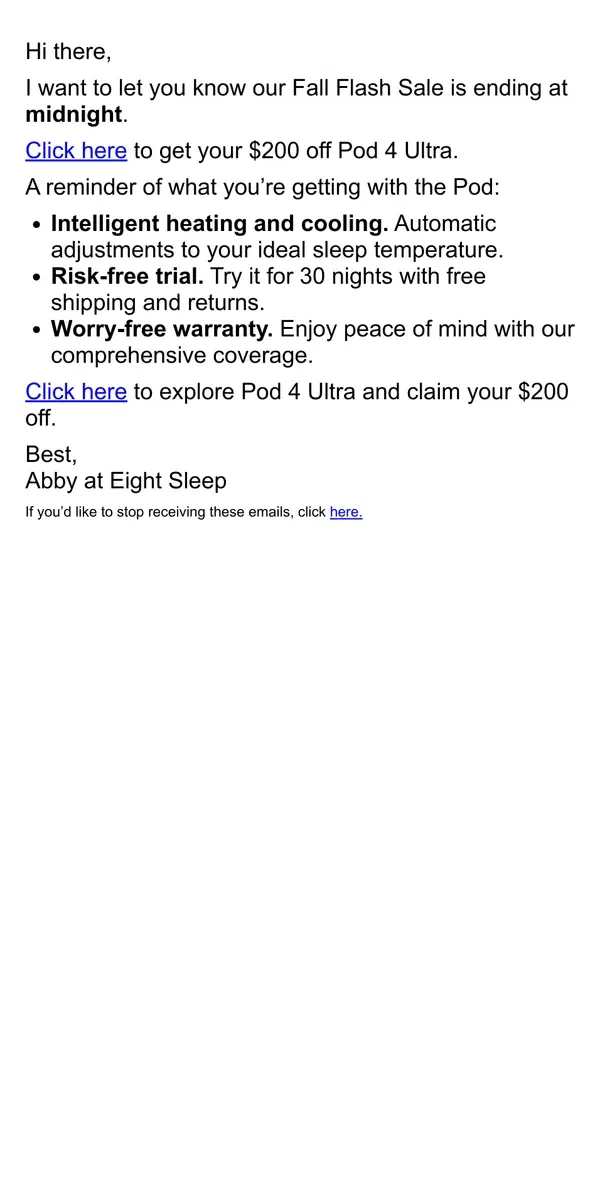 Email from Eight Sleep. Last chance for $200 off