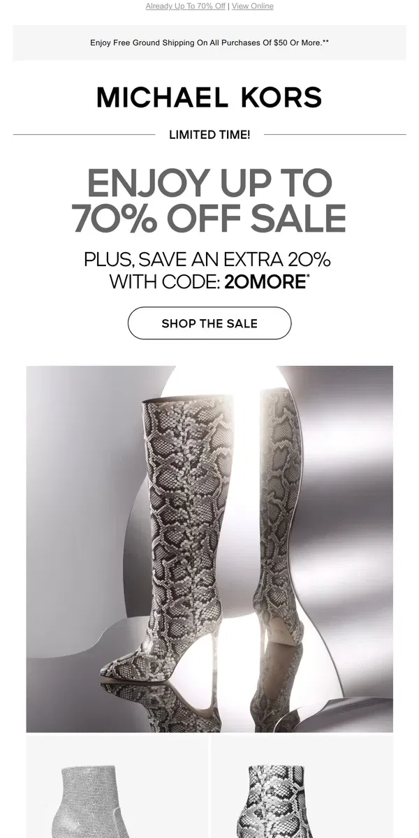 Email from Michael Kors. Sale Spotlight: Save An Extra 20% On Chic Boots