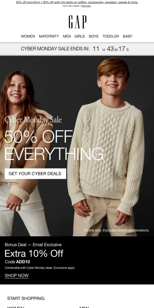 Email from GAP. **YOUR CYBER MONDAY DEALS ARE DISAPPEARING SOON: 60% OFF**