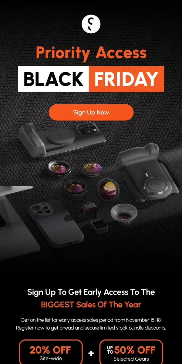 Email from ShiftCam. Early Access to 50% OFF Black Friday Deals