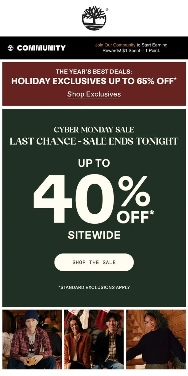 Email from Timberland. ENDS TONIGHT: Up to 40% Off Cyber Monday Sale!