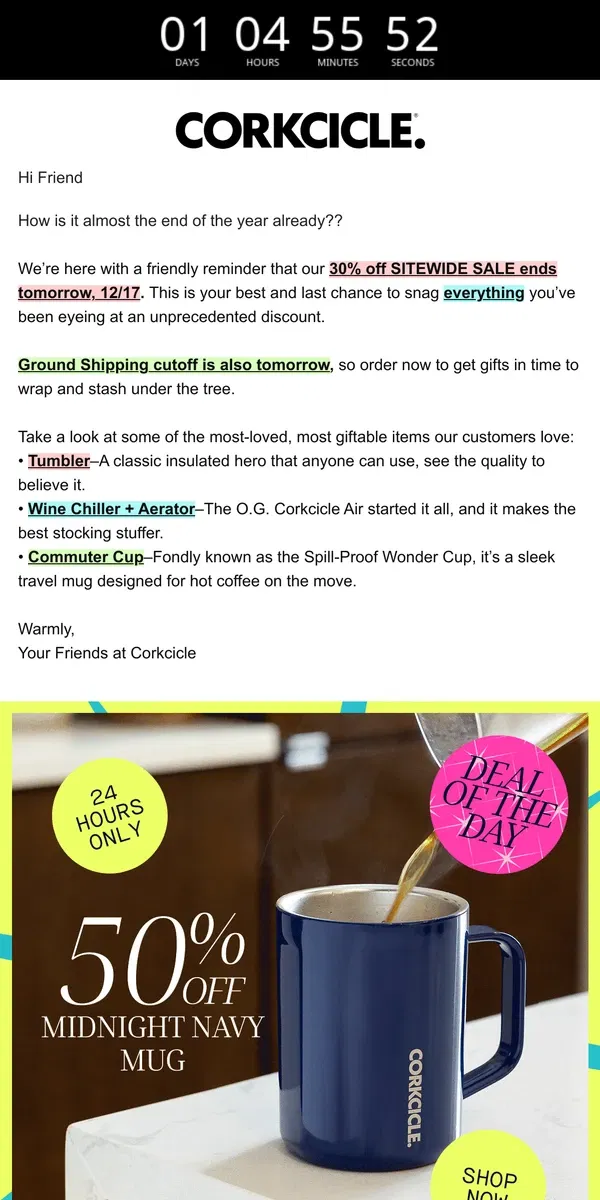 Email from CORKCICLE. 30% Sitewide & Ground Shipping Ends 12/17!