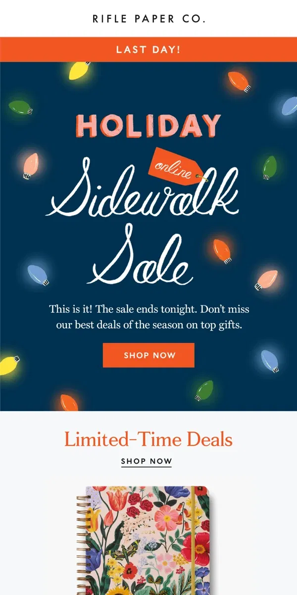 Email from Rifle Paper Co.. 7 Hours Left... ⏳ Up to 75% Off For Our Holiday Sidewalk Sale!