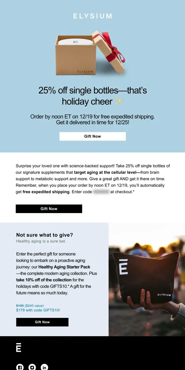 Email from Elysium Health. Take 25% off—a healthy holiday offer 🎁