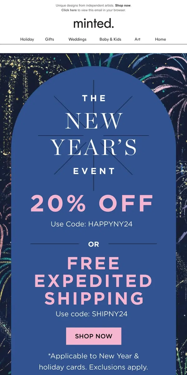 Email from Minted. 20% off New Year cards for every family