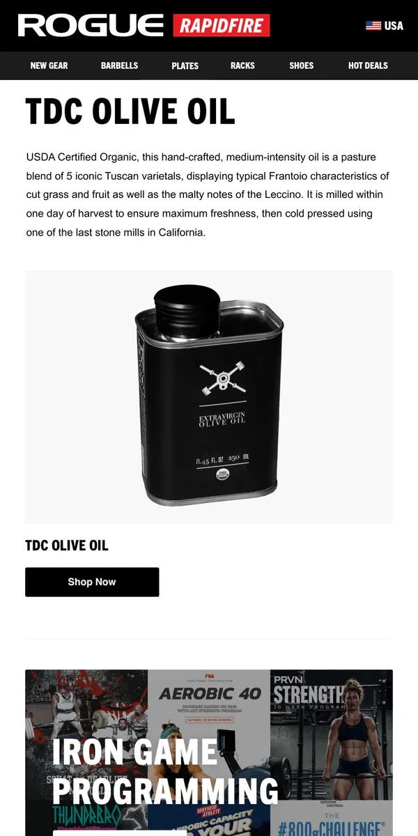 Email from Rogue Fitness. Just Launched: TDC Olive Oil