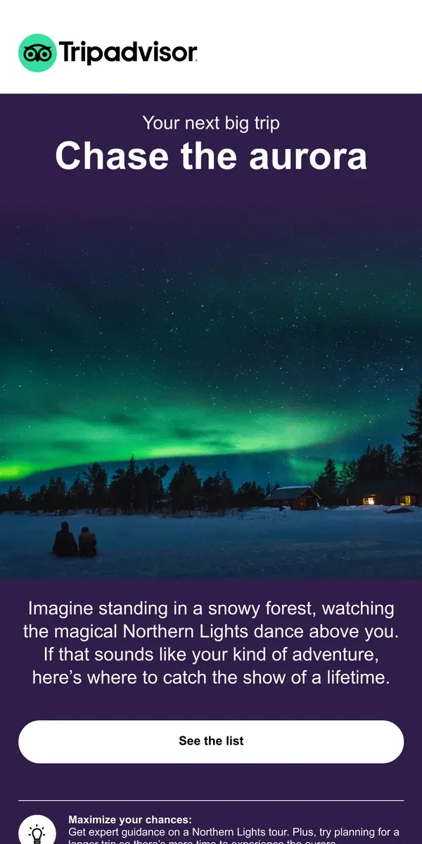 Email from Tripadvisor. 5 best places to see the Northern Lights