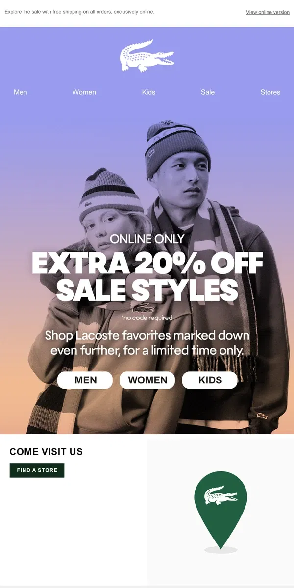 Email from Lacoste. Extra 20% Off ALL Sale Styles