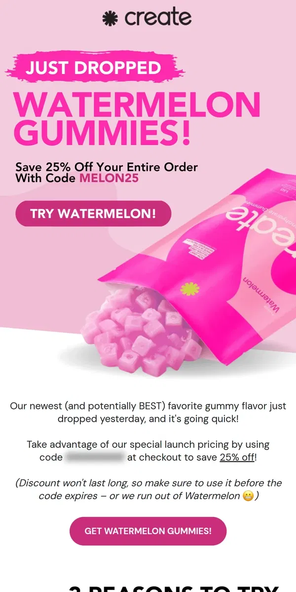 Email from Create Wellness. 🍉 Watermelon is going QUICK!