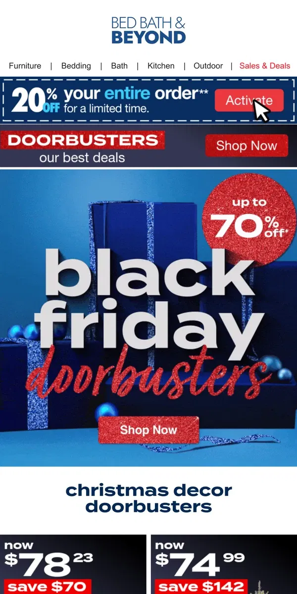 Email from Bed Bath & Beyond. 🚨⚫️🚨 20% off* Your Order + BLACK FRIDAY DOORBUSTERS🚨⚫️🚨								 